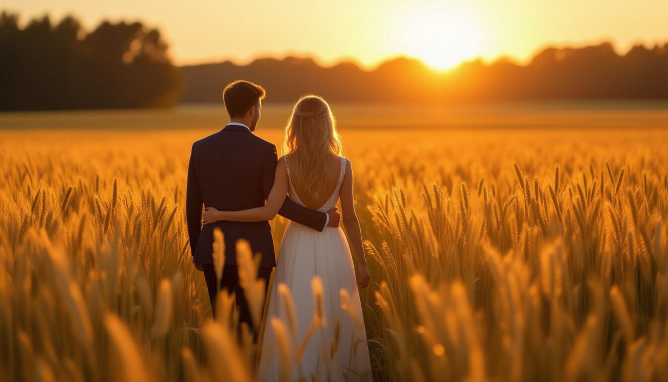 Couple Walking in Golden Barley Field at Sunset