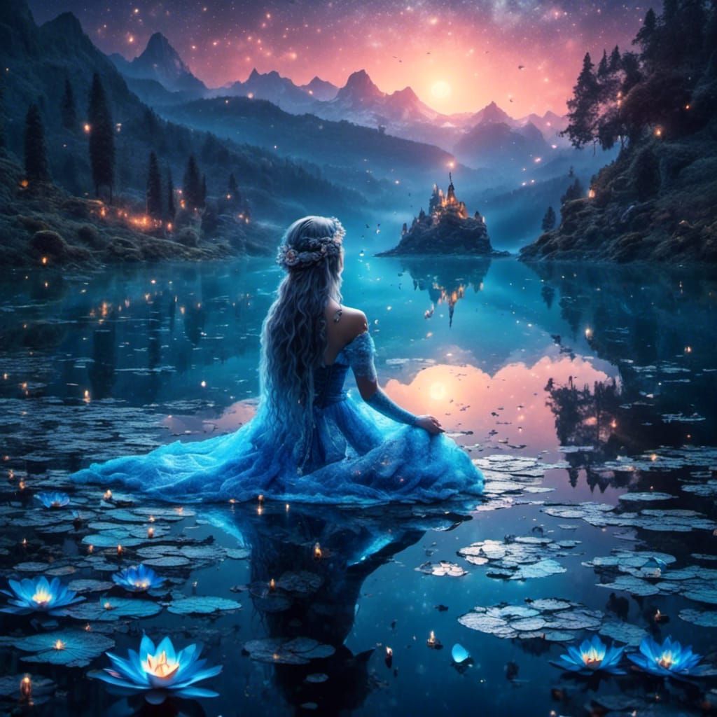 Starry Lake Reflection with Celtic Figure