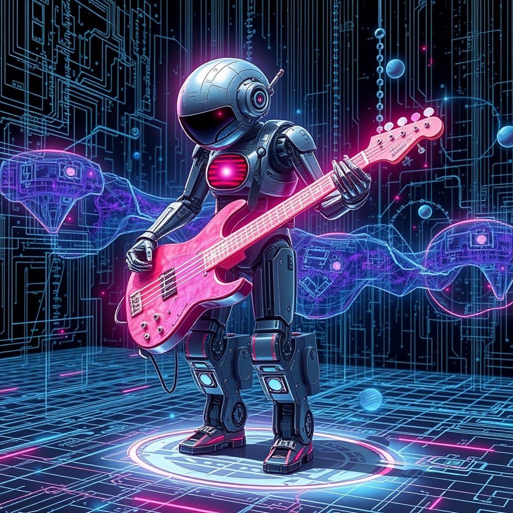 Holographic Android Blueprint in Glitchcore Style