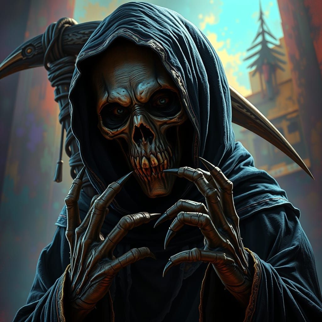 Surreal Grim Reaper Figure Emerges from Dark Fantasy Backgro...