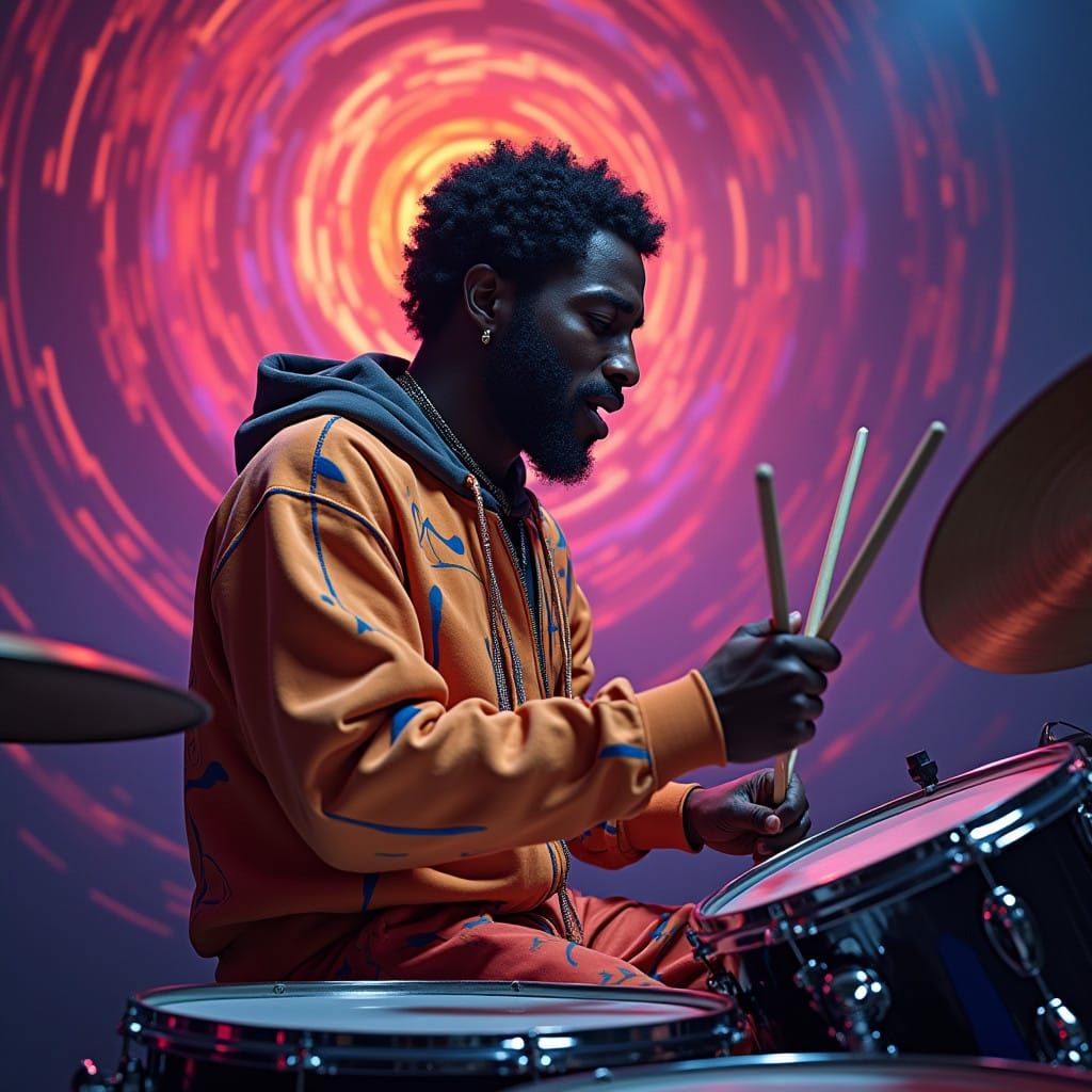 Funky Drummer Jamming at a High-Energy Concert in Hyperreali...