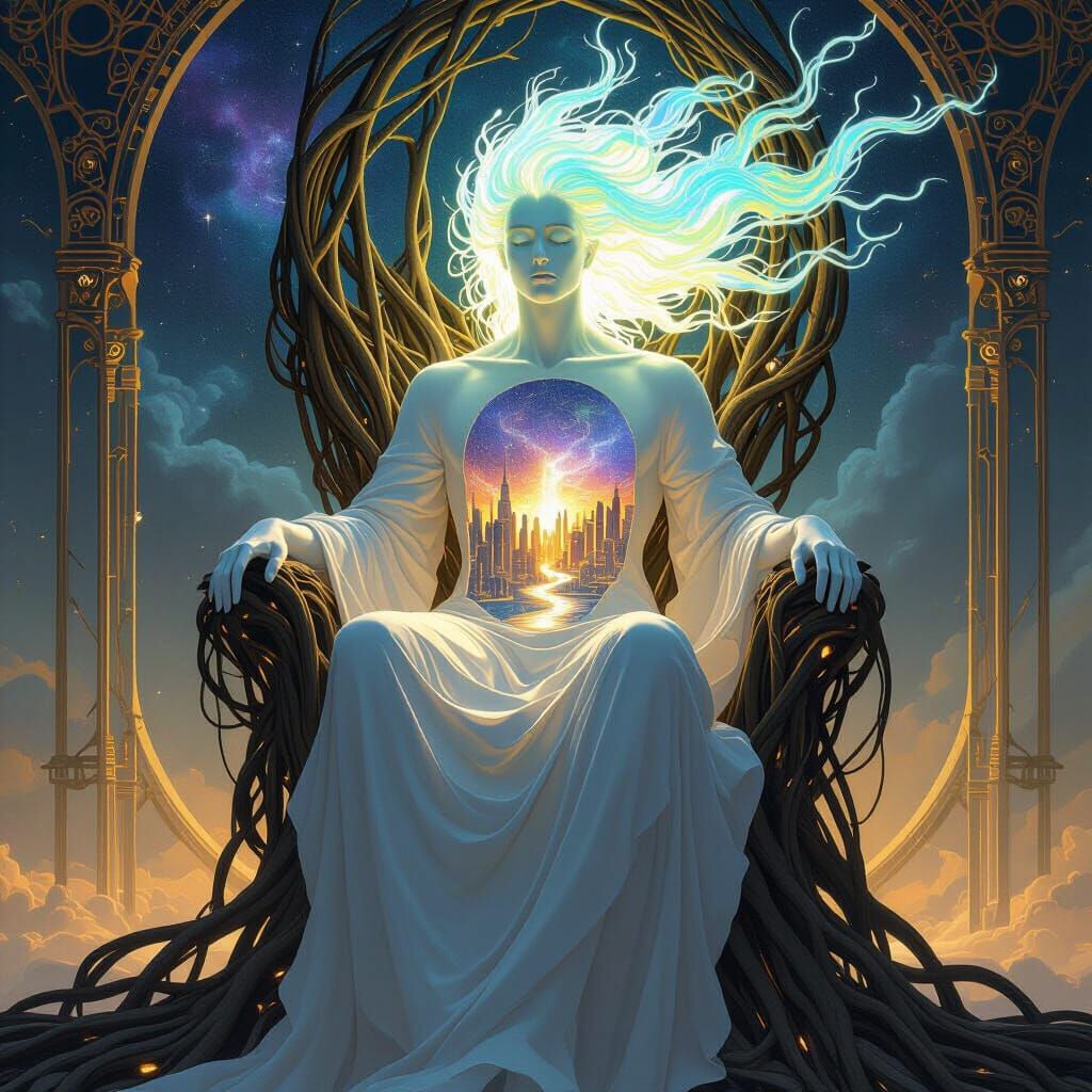 Bioluminescent Deity on Root Throne in Cosmic Surrealism