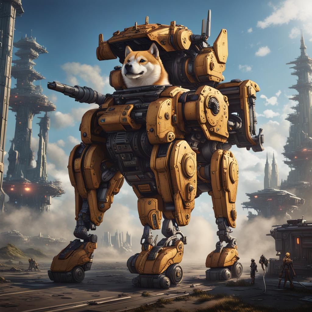 Shiba Inu Piloting a Mech in Detailed Matte Painting