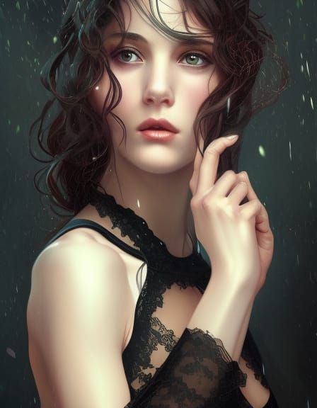 Woman in Black Lace Dress, Detailed Portrait