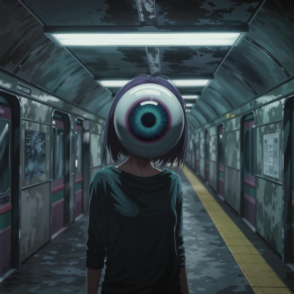 Eerie Subway Portrait: Woman with Eyeball Mask