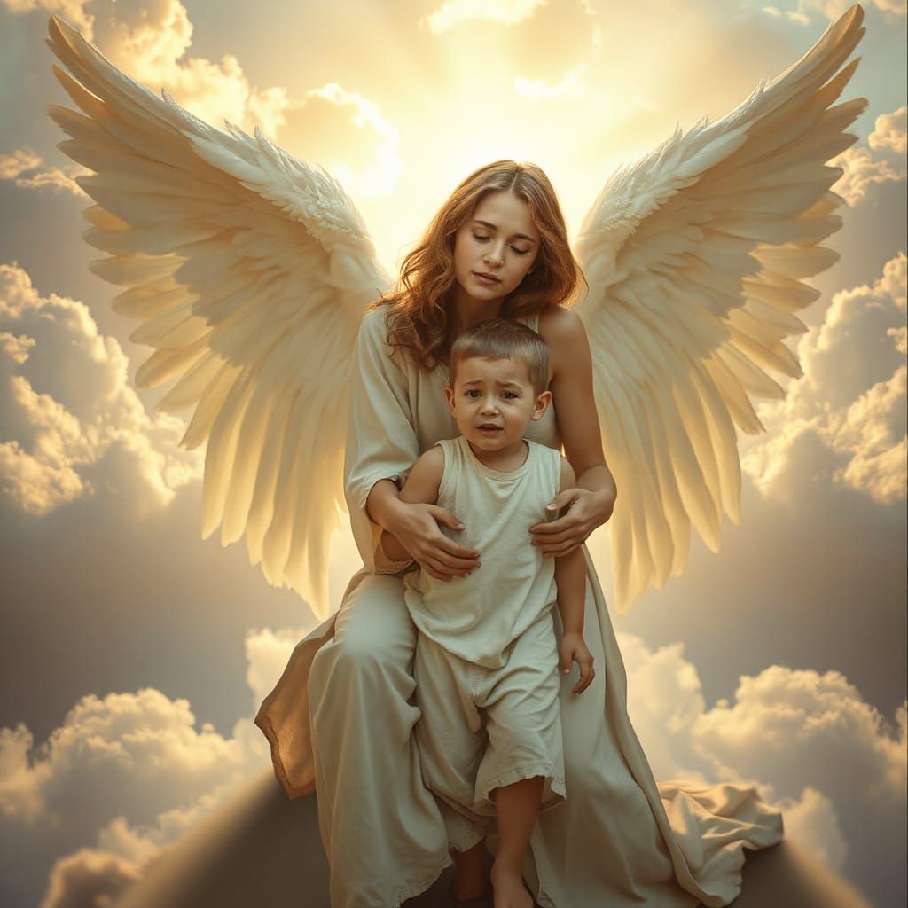 Guardian Angel Protecting Child, Hyperrealistic Digital Art