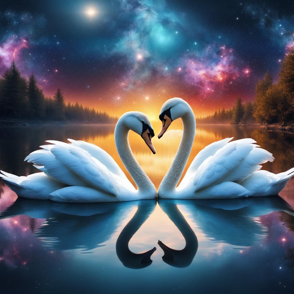 Two Swans Touching Heads With Cosmic Galaxy