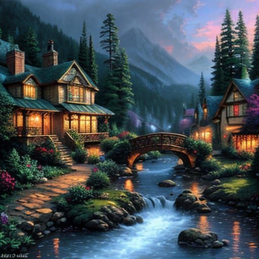 Whimsical Village Scene in Warm Lighting