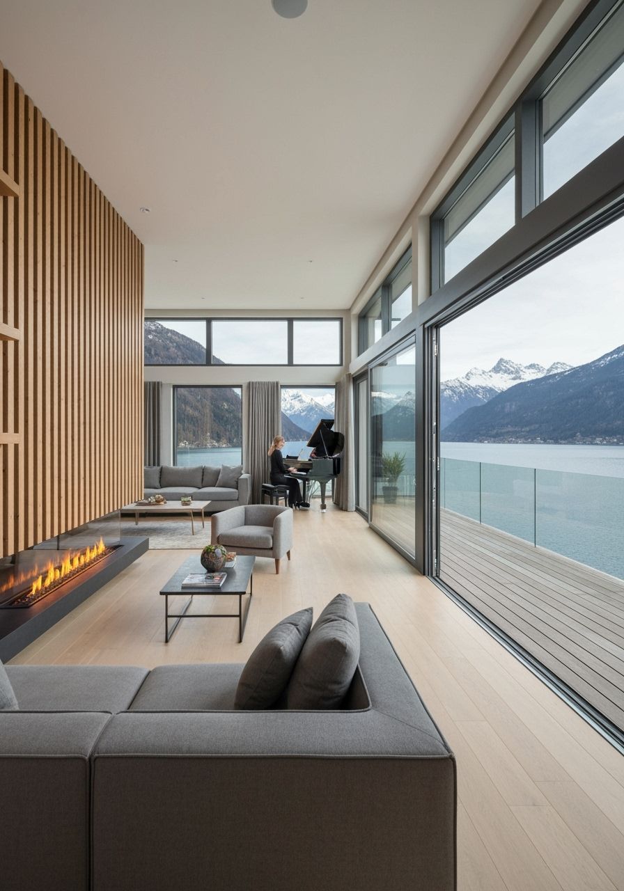 Lakeside Apartment: Modern Living Room with Mountain View