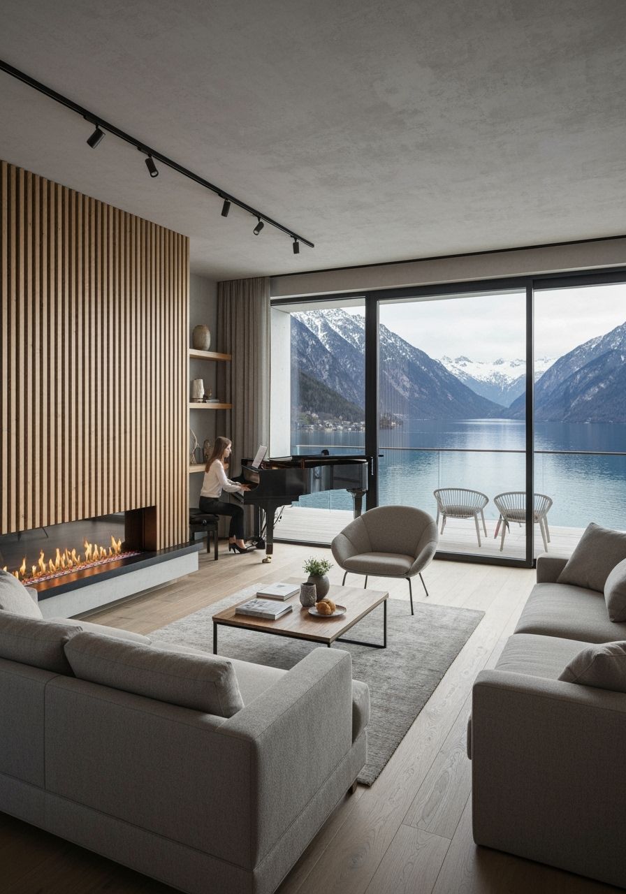 Modern Lakeside Living Room with Mountain View