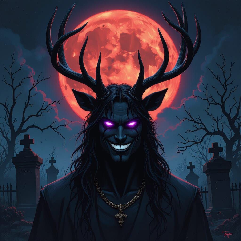 Antlered Centaur in Graveyard, Noir Oil Painting