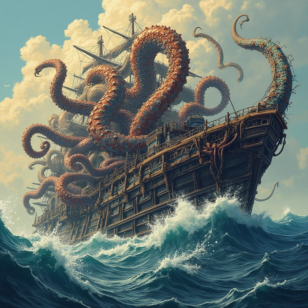 Kraken Attacks Ship in Mosaic Abstract Vector Style