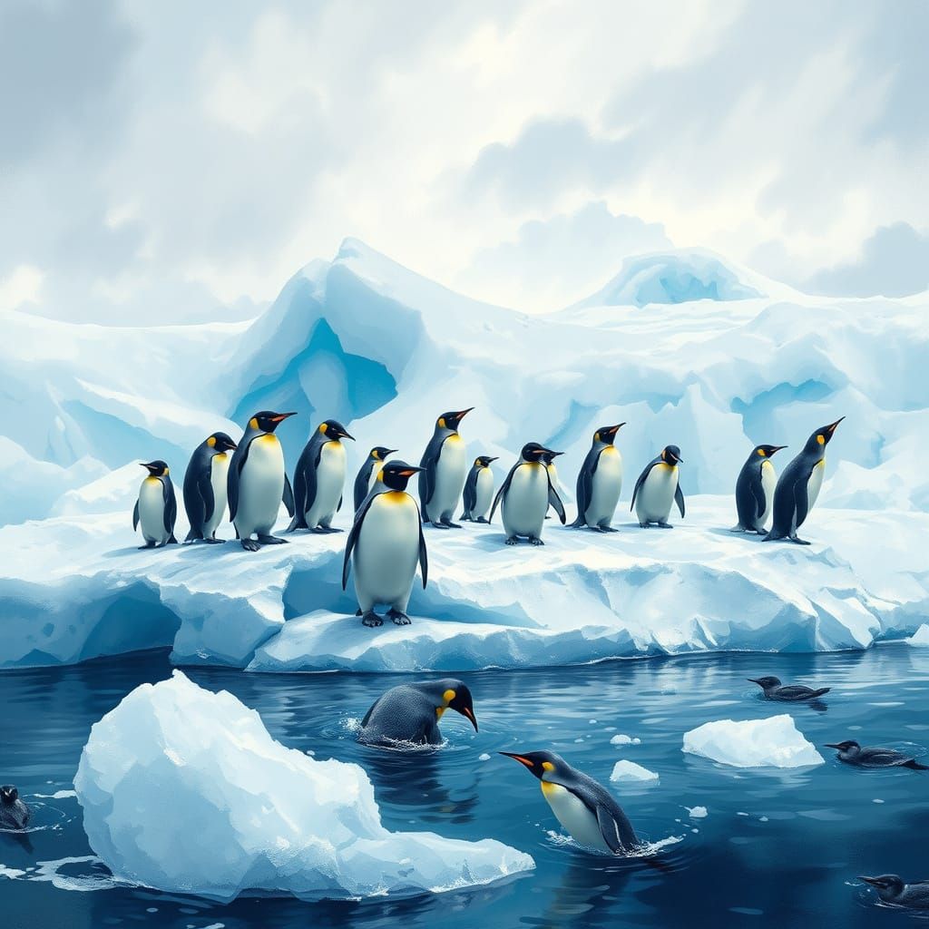 Penguins on Glacier in Photorealistic Impressionist Scene