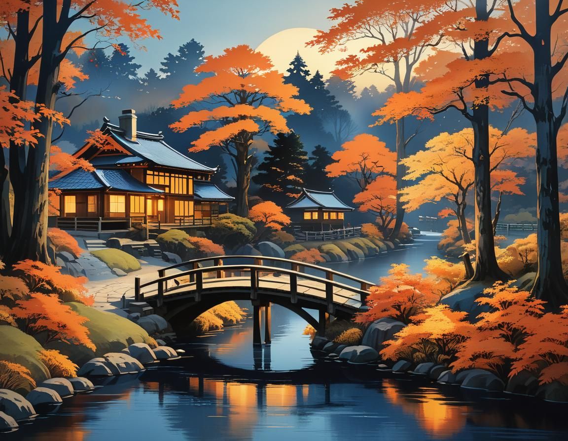 Cozy Cottage in Autumnal Forest: Japanese Woodblock Print