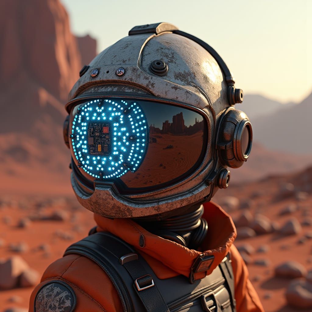 Futuristic Construction Helmet on Mars in Sci-Fi Style