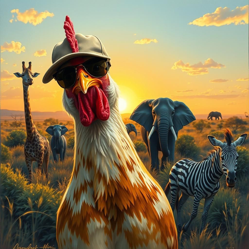 Chicken Photobombs Wild Animals in Whimsical Style