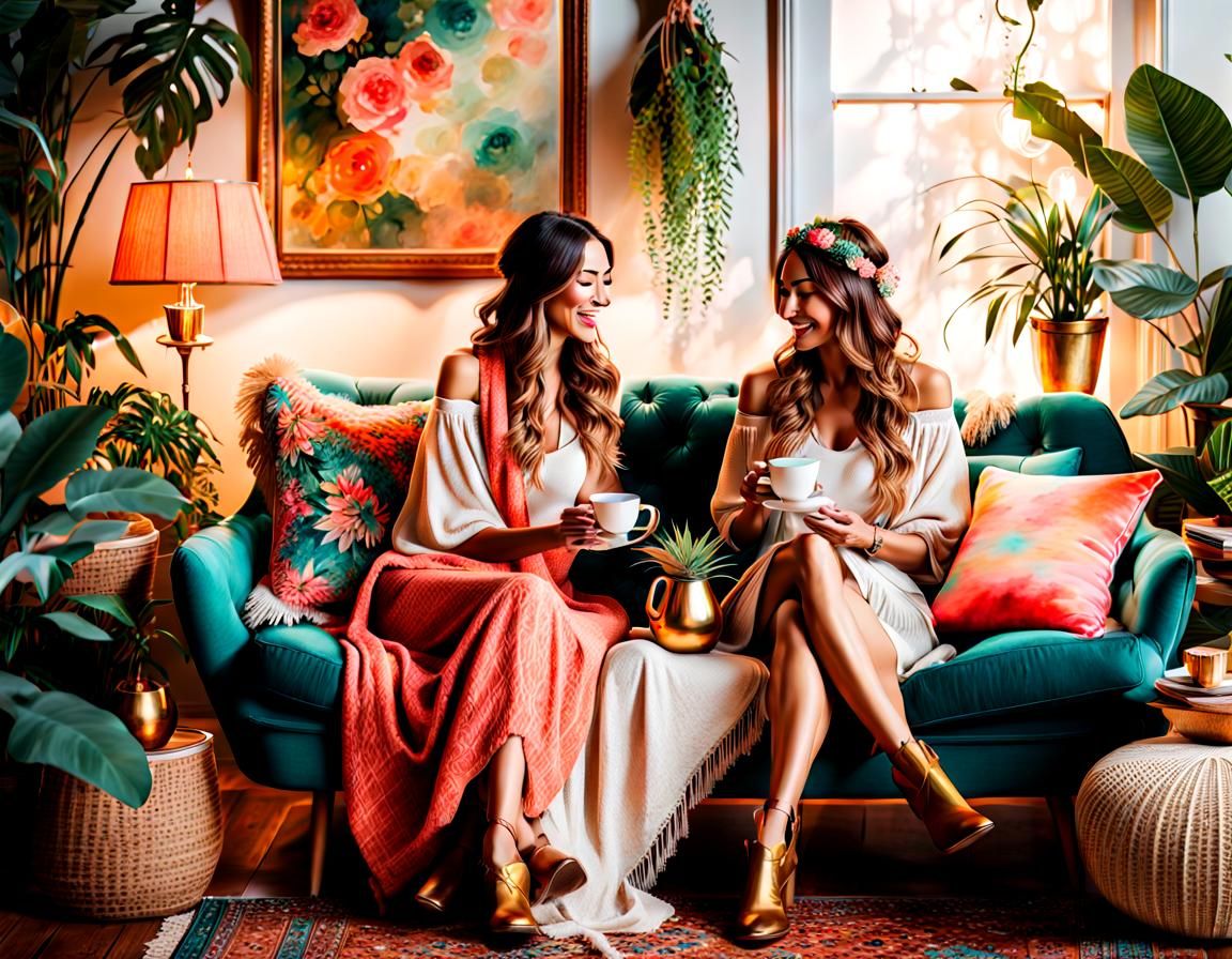 Bohemian Watercolor of Friends in Cozy Den