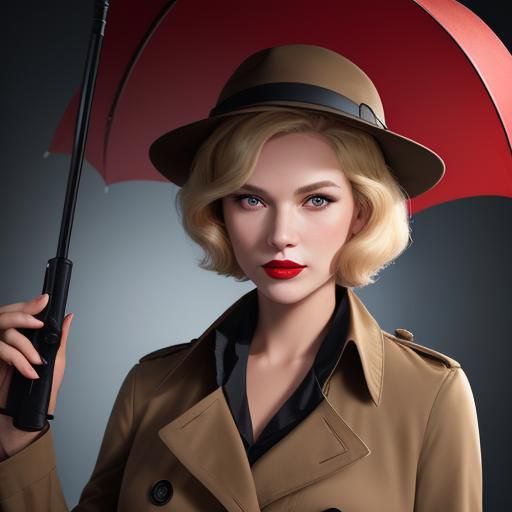 1950s Woman Detective in Rain, Professional Portrait
