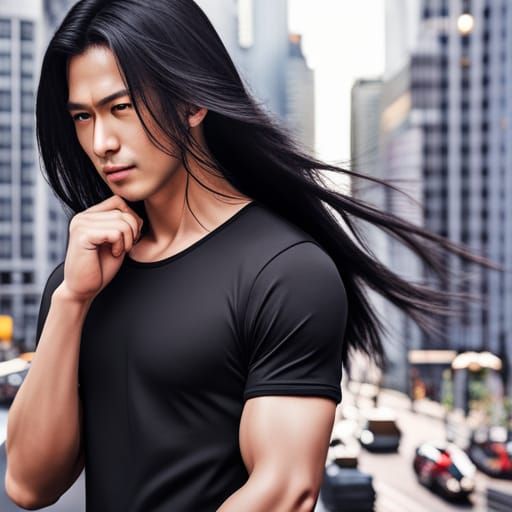 Japanese Man with Long Hair in Modern City