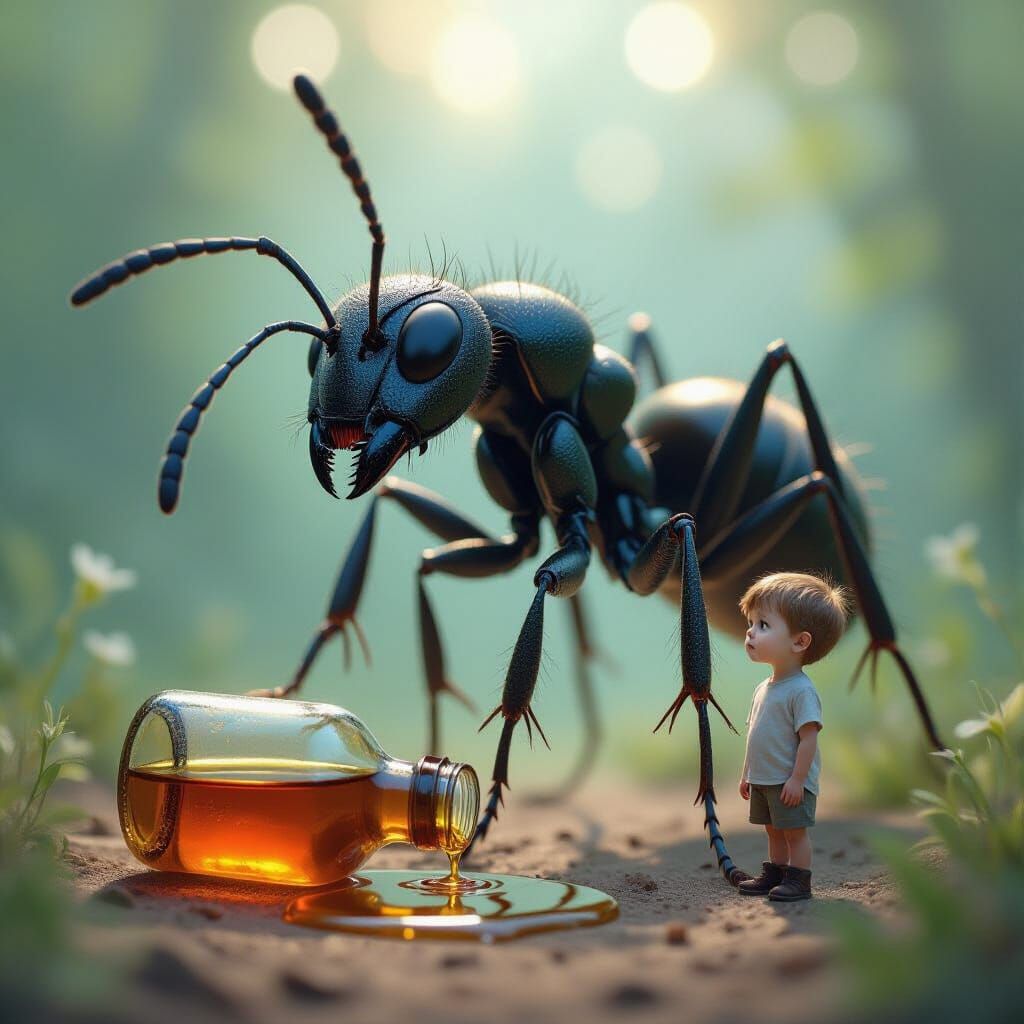 Giant Ant Overlooks Tiny Boy in Surreal Digital Painting