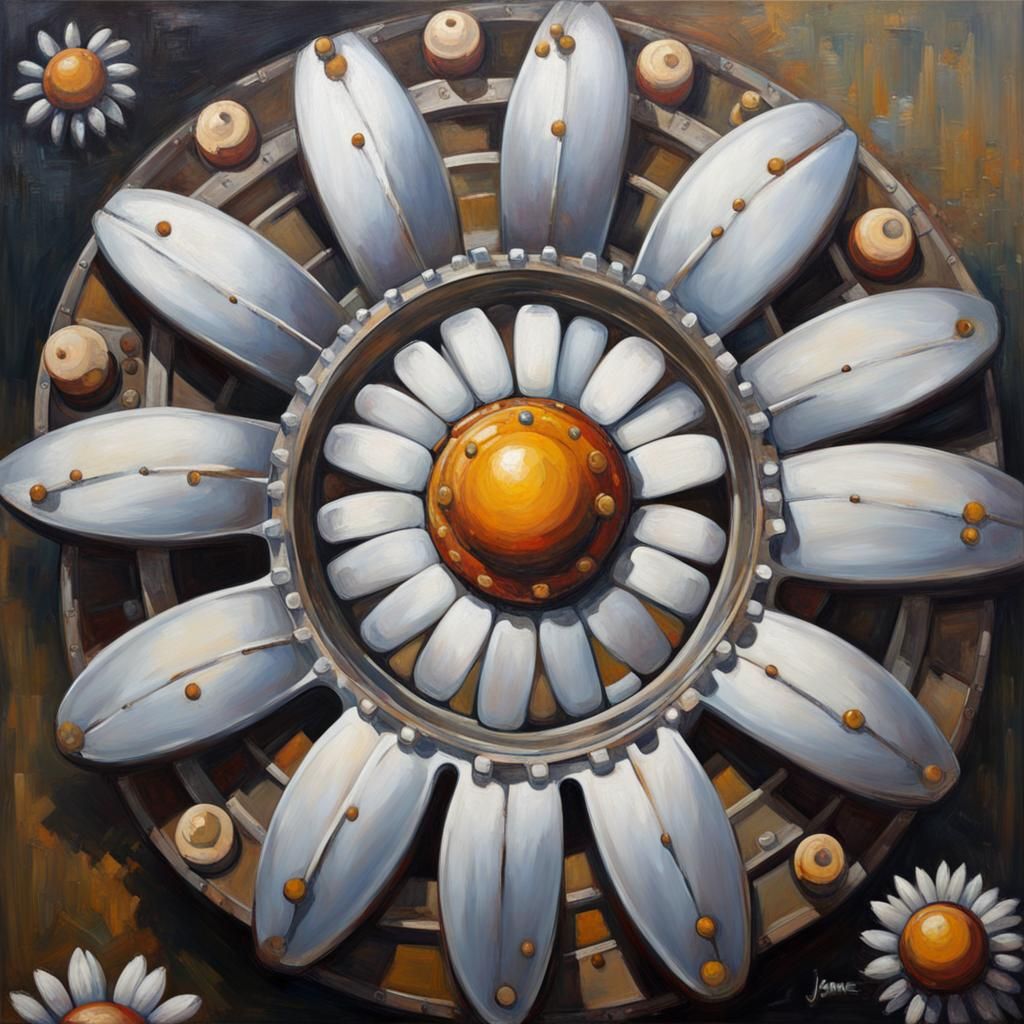 Steel Daisies with Rivets in Oil Painting Style