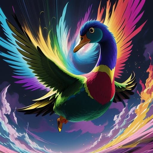 Vibrant Rainbow Duck in Anime Style