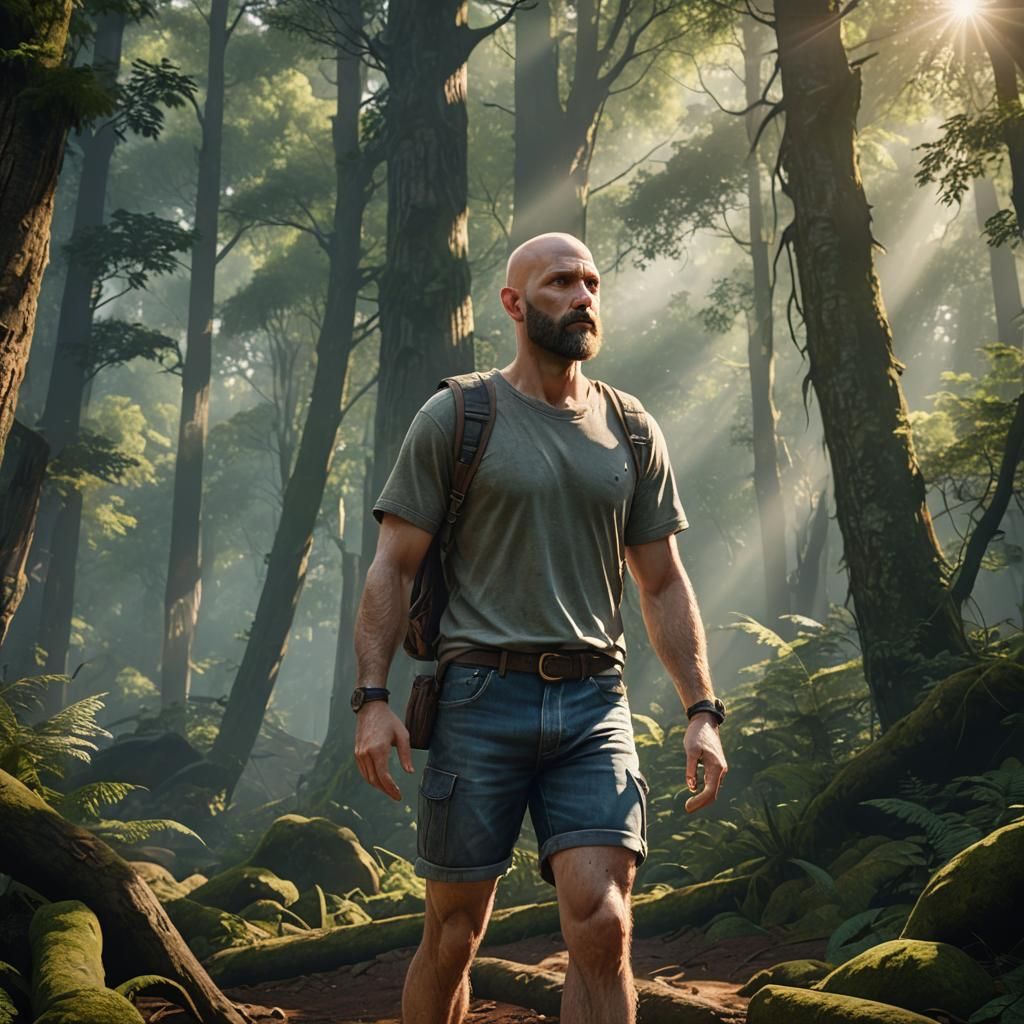 Bald Man in Forest: Hyper-Realistic 3D Art