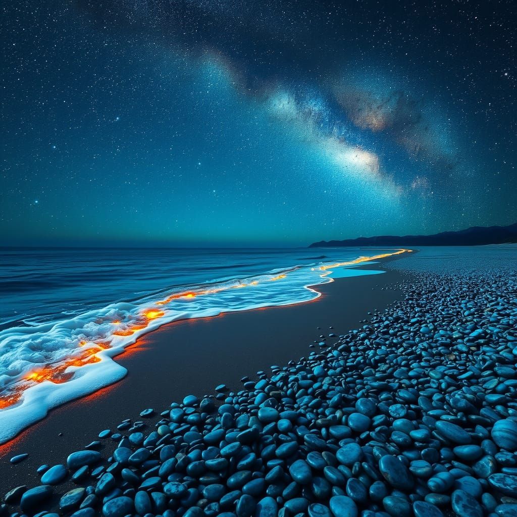 Ethereal Seaside Night Scene with Sparkling Garland of Light