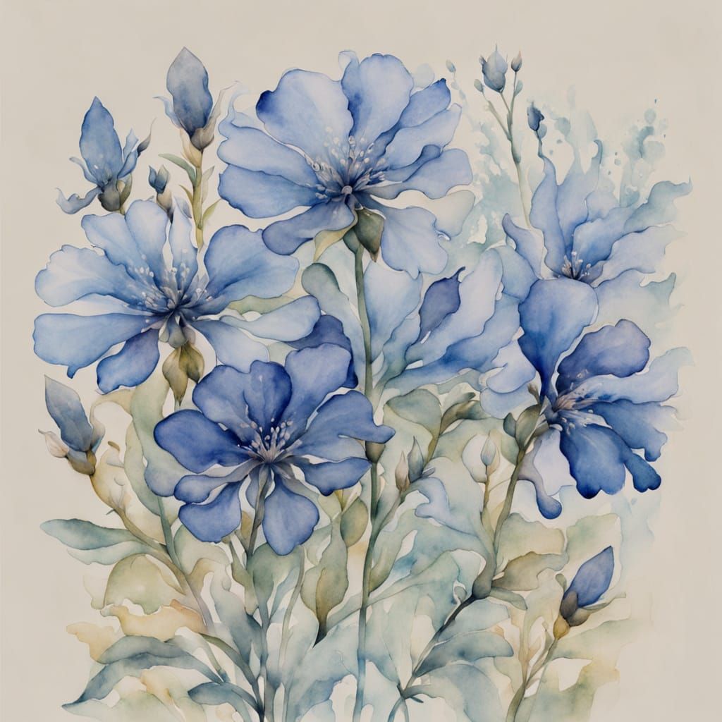 Blue Flowers Botanical Illustration in Watercolor Style