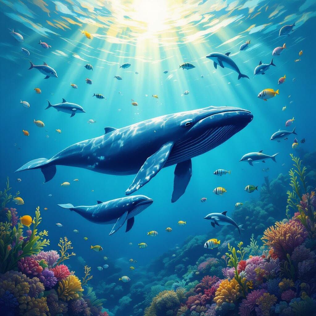Blue Whale Family with Dolphins Amidst Coral Reefs