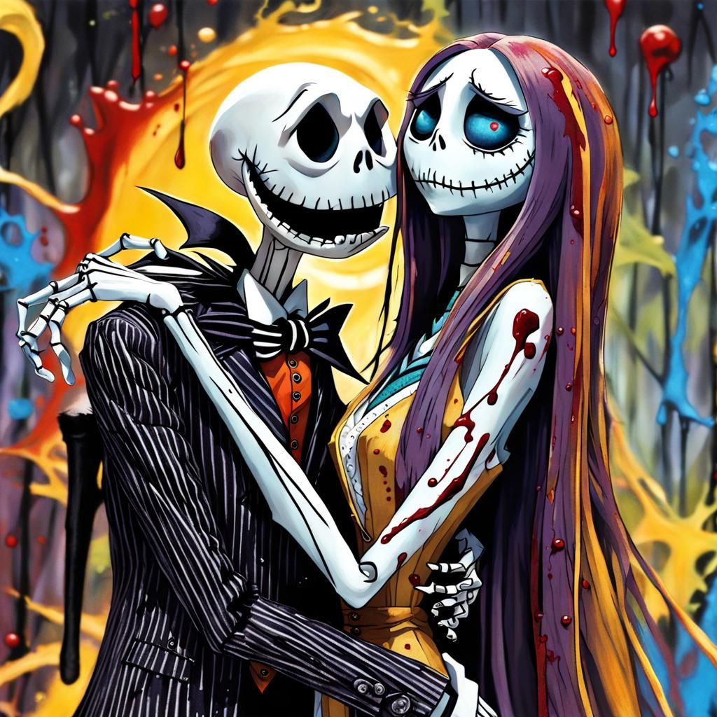 Jack and Sally's Ominous Embrace in Burton Style