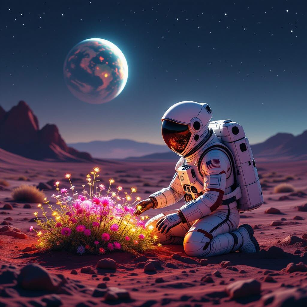 Astronaut Tends Glowing Martian Garden Under Alien Sky