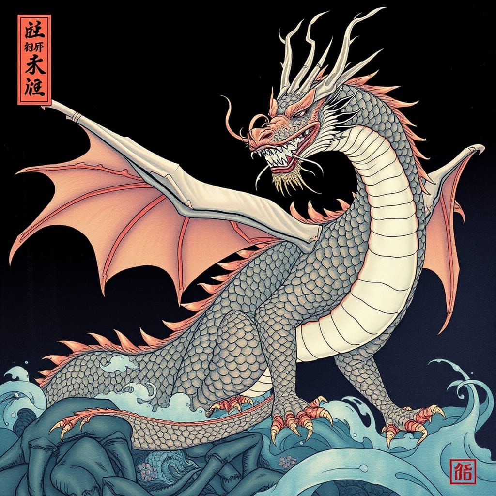 Undead Dragon in Detailed Mineral Pigment Ukiyo-e Style