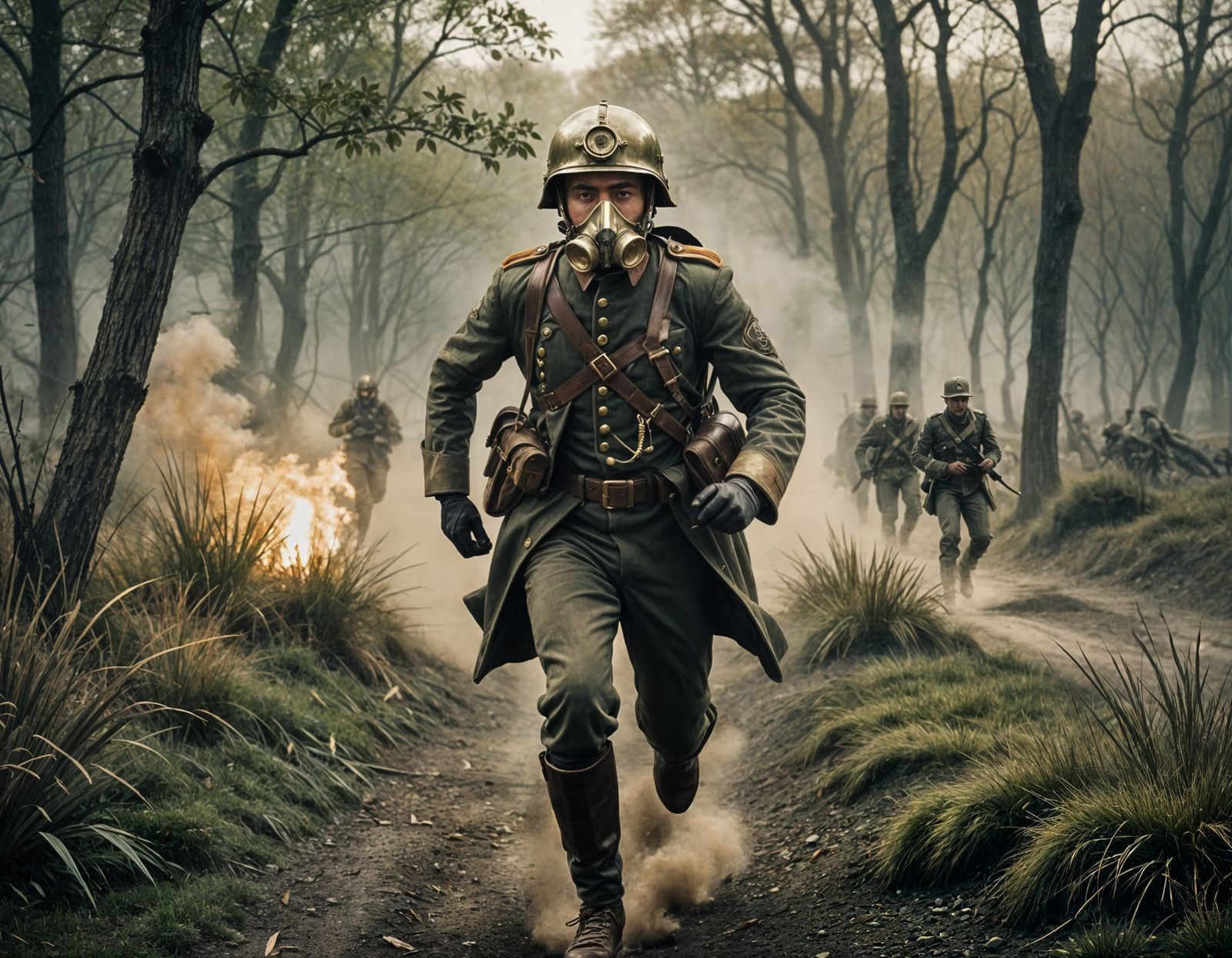 Steampunk Soldier in Rushing Action on Olive Green Backgroun...