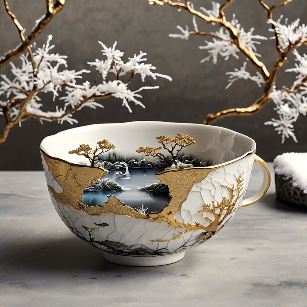 Kintsugi Teacup Reveals Winter Garden, Hokusai-Inspired