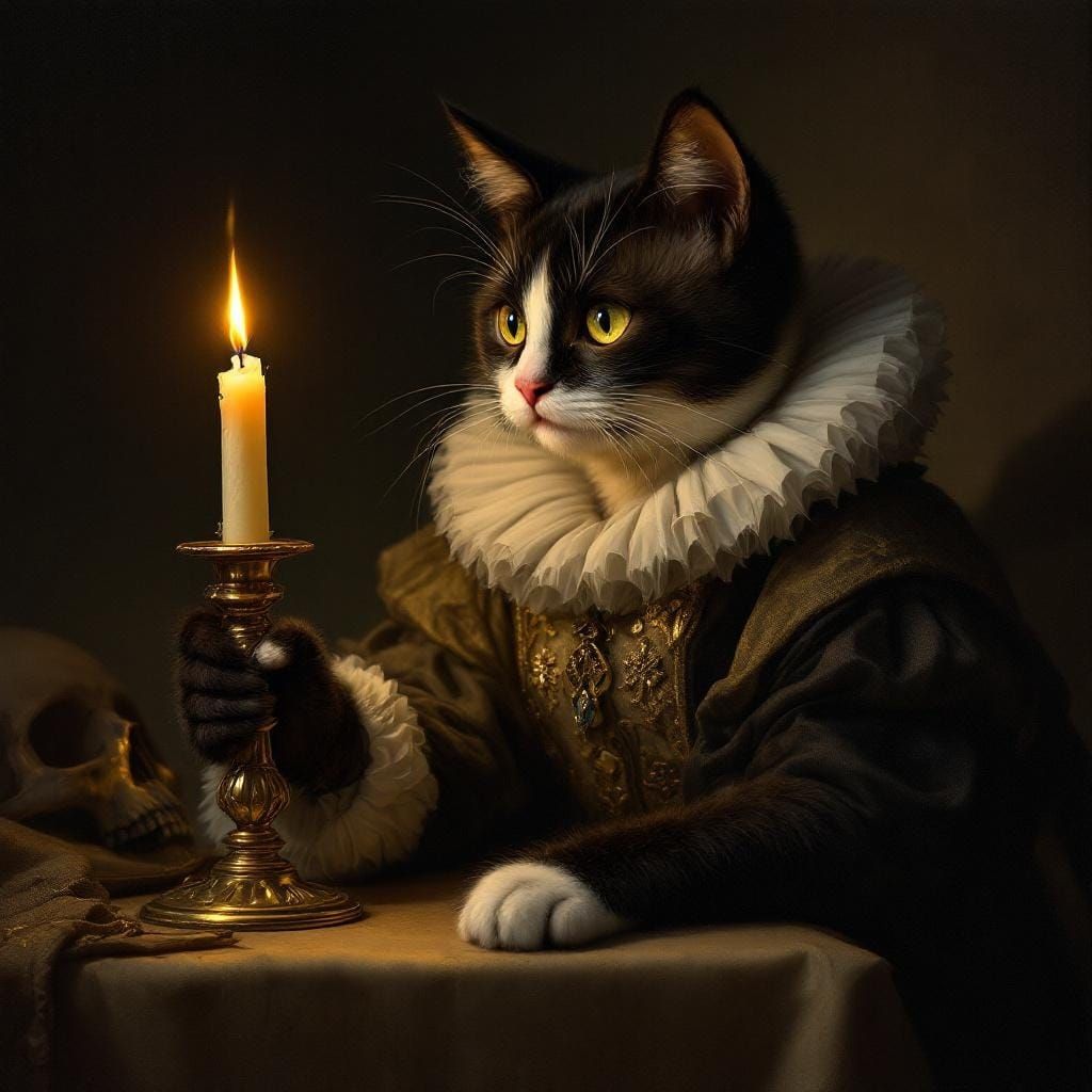 Cat Contemplating Mortality in Tenebrism Style