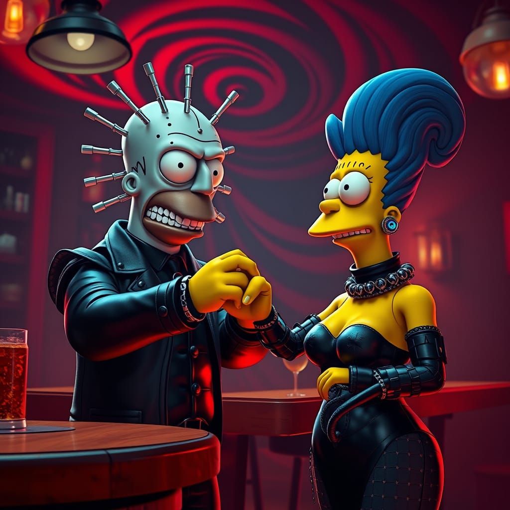 A 3d cartoon render in intricate details, of Homer Simpson as Pinhead from the movie Hellraiser, dressed in black leathe...