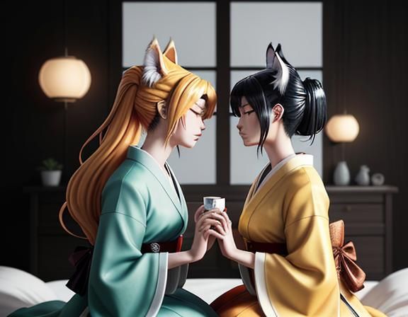 Two Kitsune Kissing in Manga-Inspired 3D Art