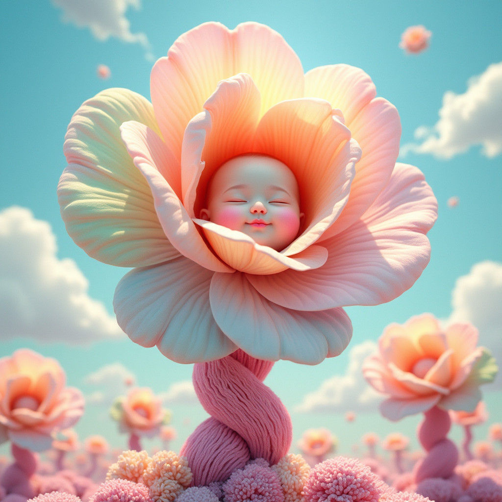 Surreal Flower with Baby Face in Pastel Colors