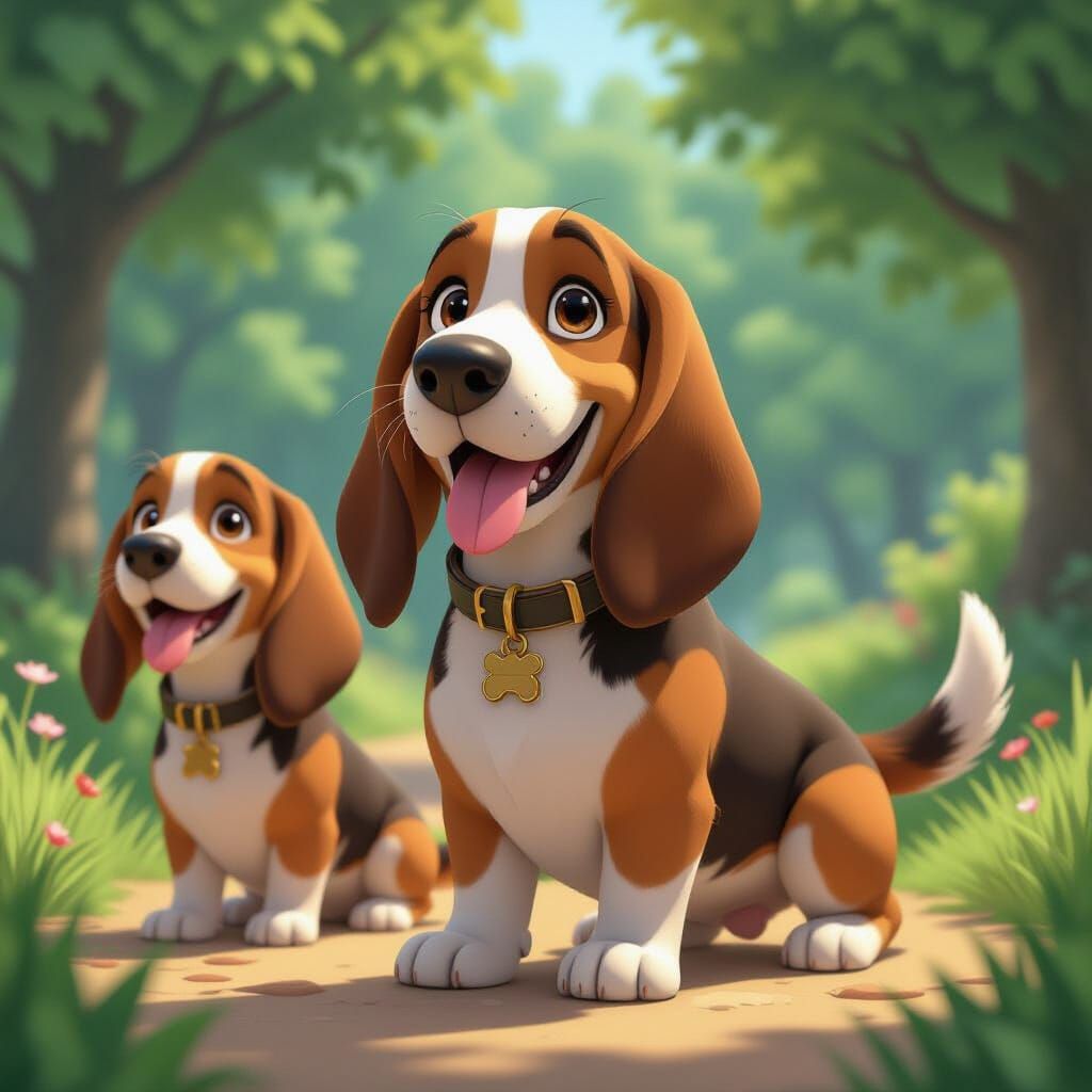 Basset Hounds in Detailed 3D Anime Art Style