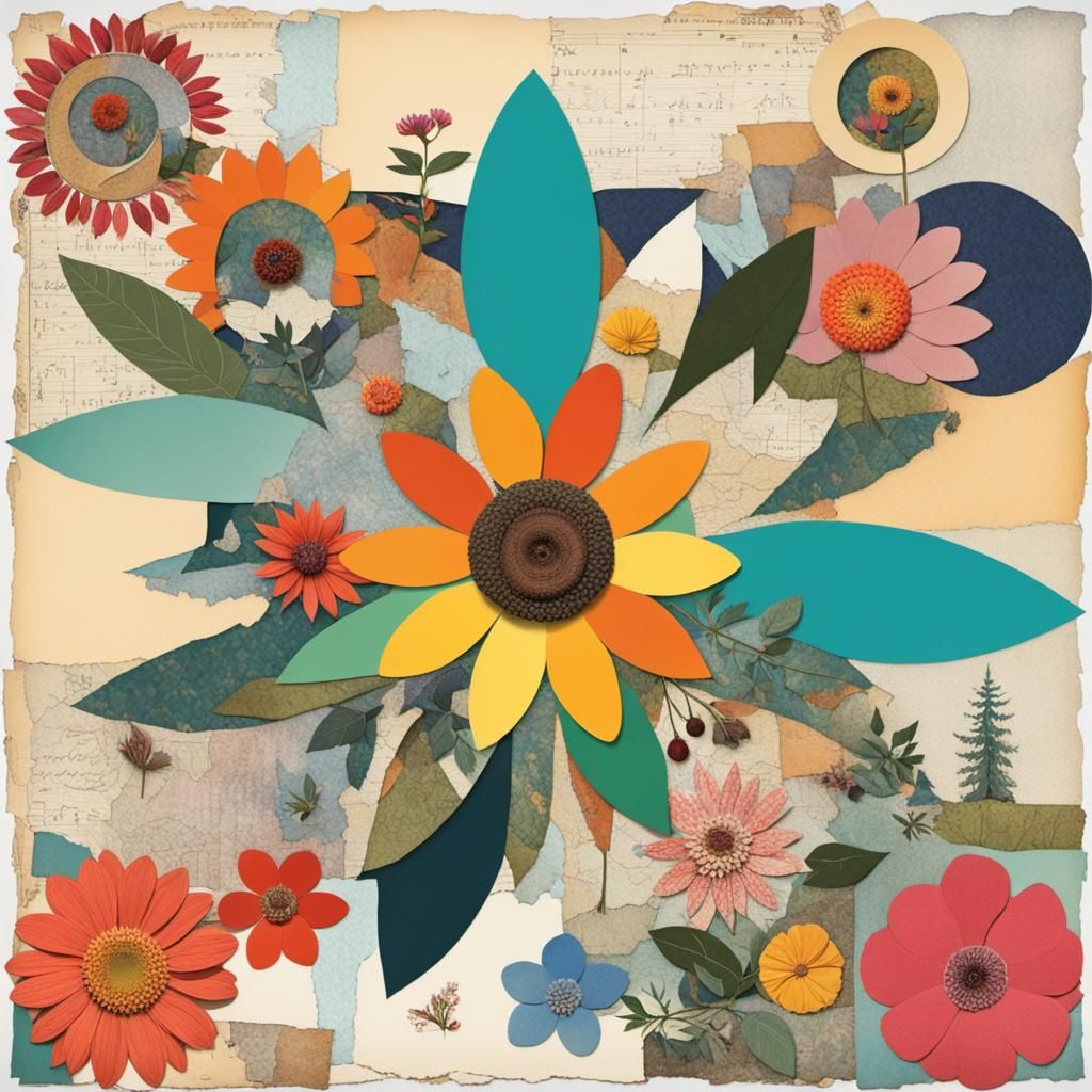 Whimsical Flower Collage with Folkloric Themes