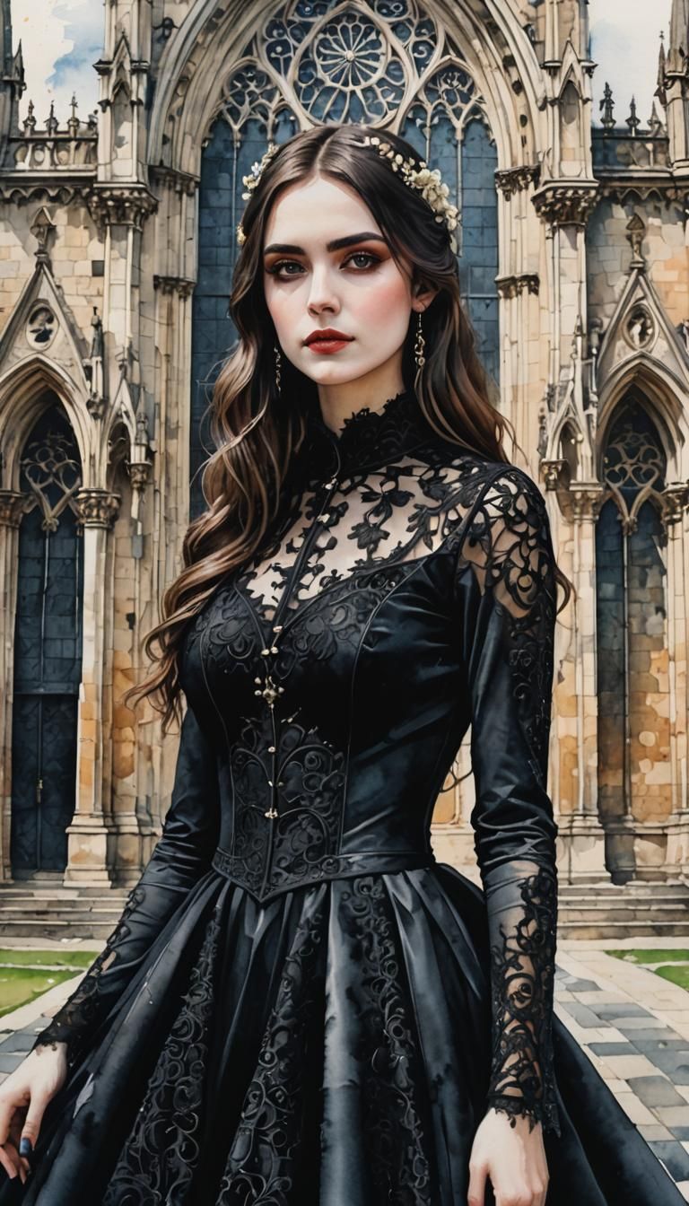 Gothic Girl in Black Lace Wedding Dress Watercolor