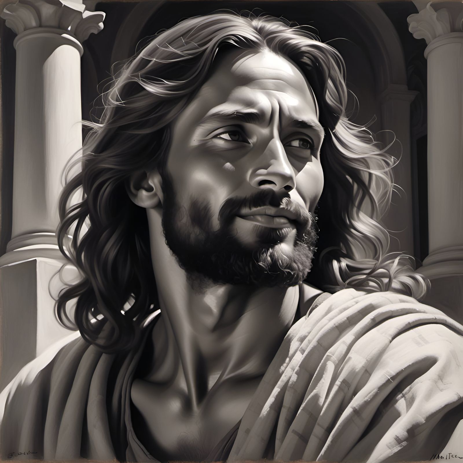 Peaceful Jesus Portrait in Charcoal Style