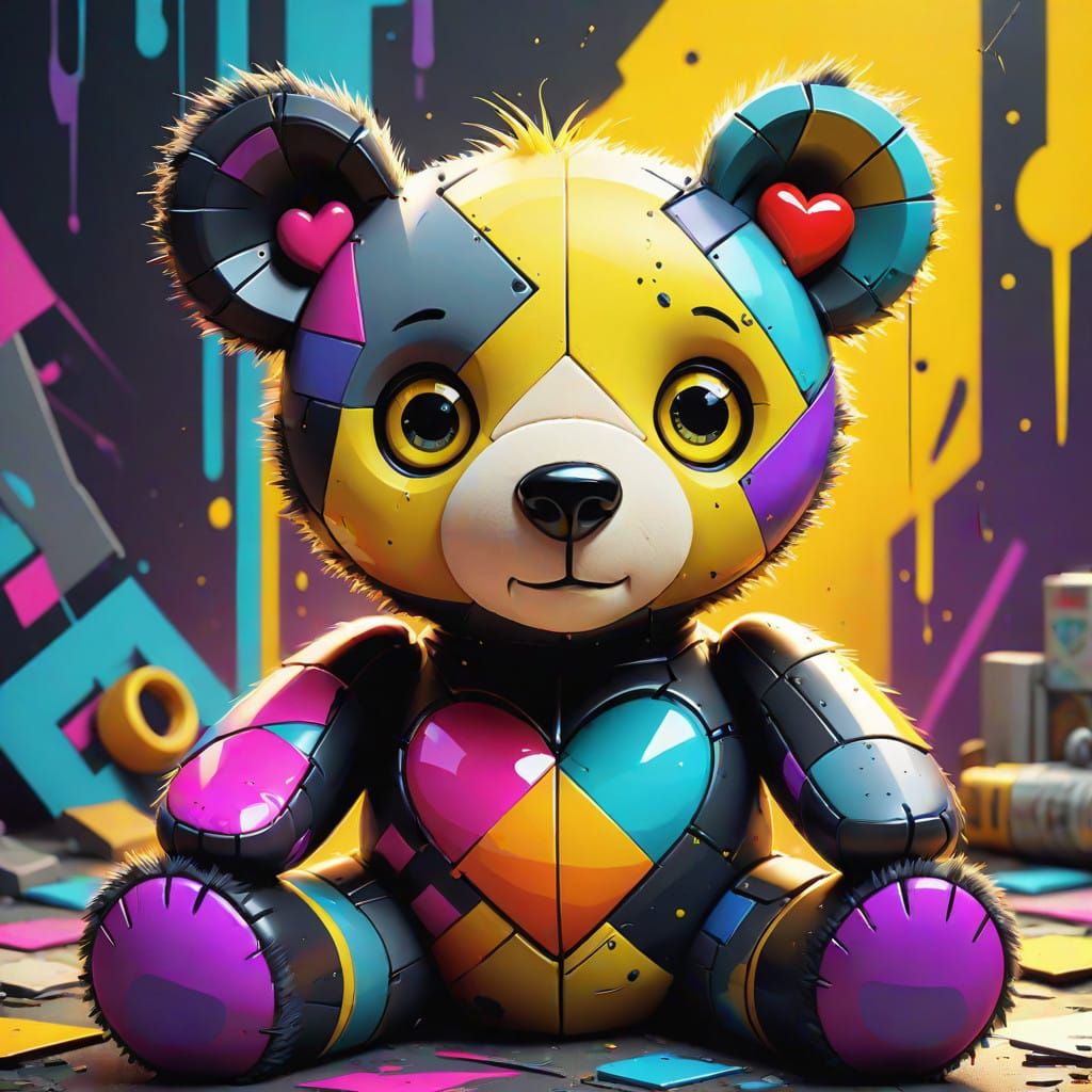 Whimsical Gothic Patchwork Teddy Bear in Muted Yellow and Bl...