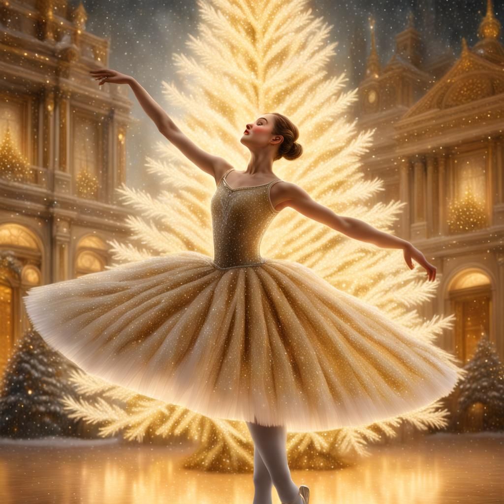 Ballerina in Sparkling Tutu Before Christmas Tree
