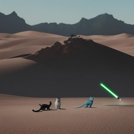 Two cat have lightsabers that fight each other at a desert  with  army of cats who fight other cats with lightsaber whit...