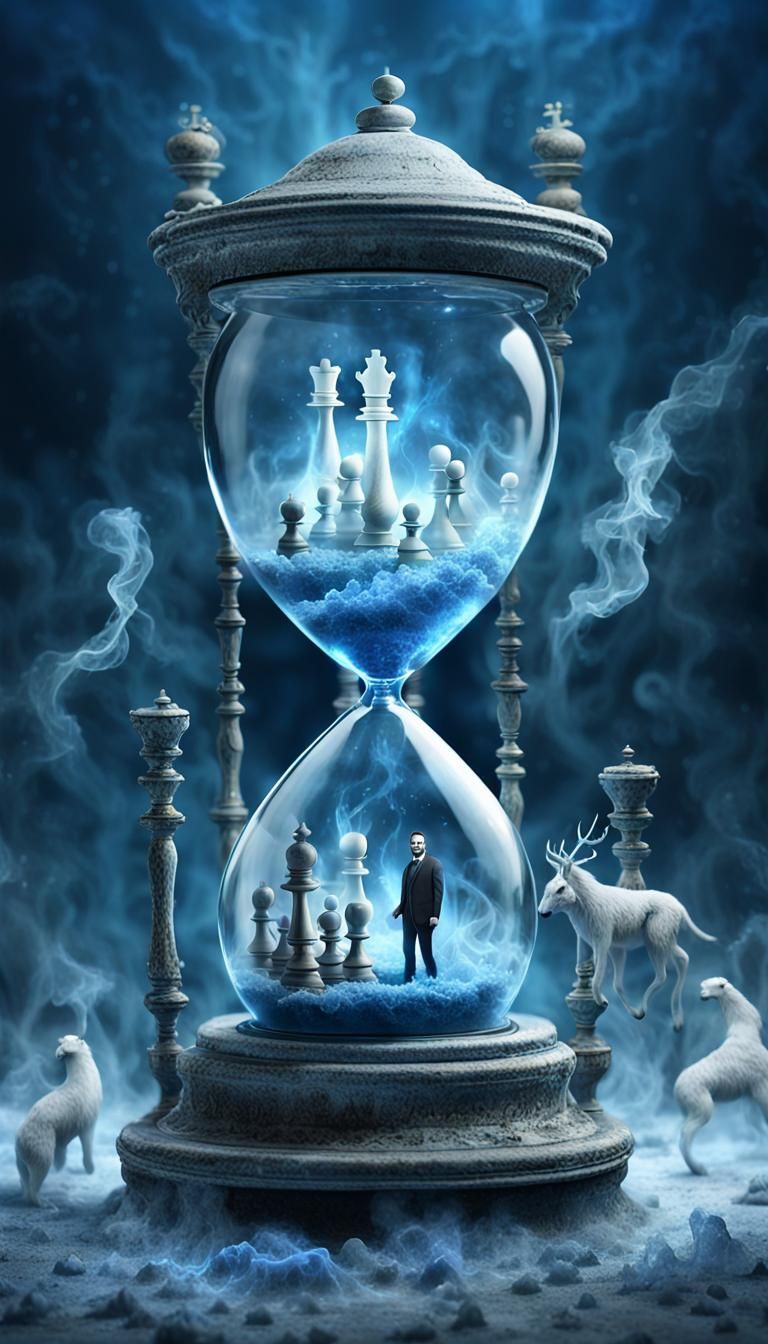 Surreal Hourglass with Miniature Animals and Chess