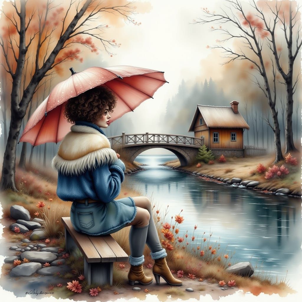 Dreamy Landscape with Woman on Bench in Impressionist Style