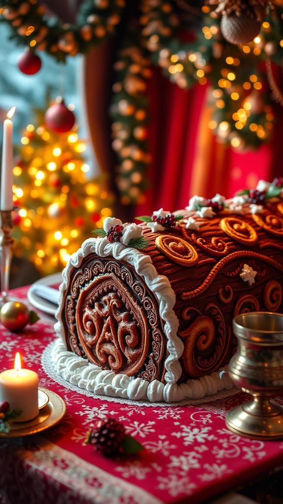 December Table with Yule Log Cake in Hyper-Realistic Style