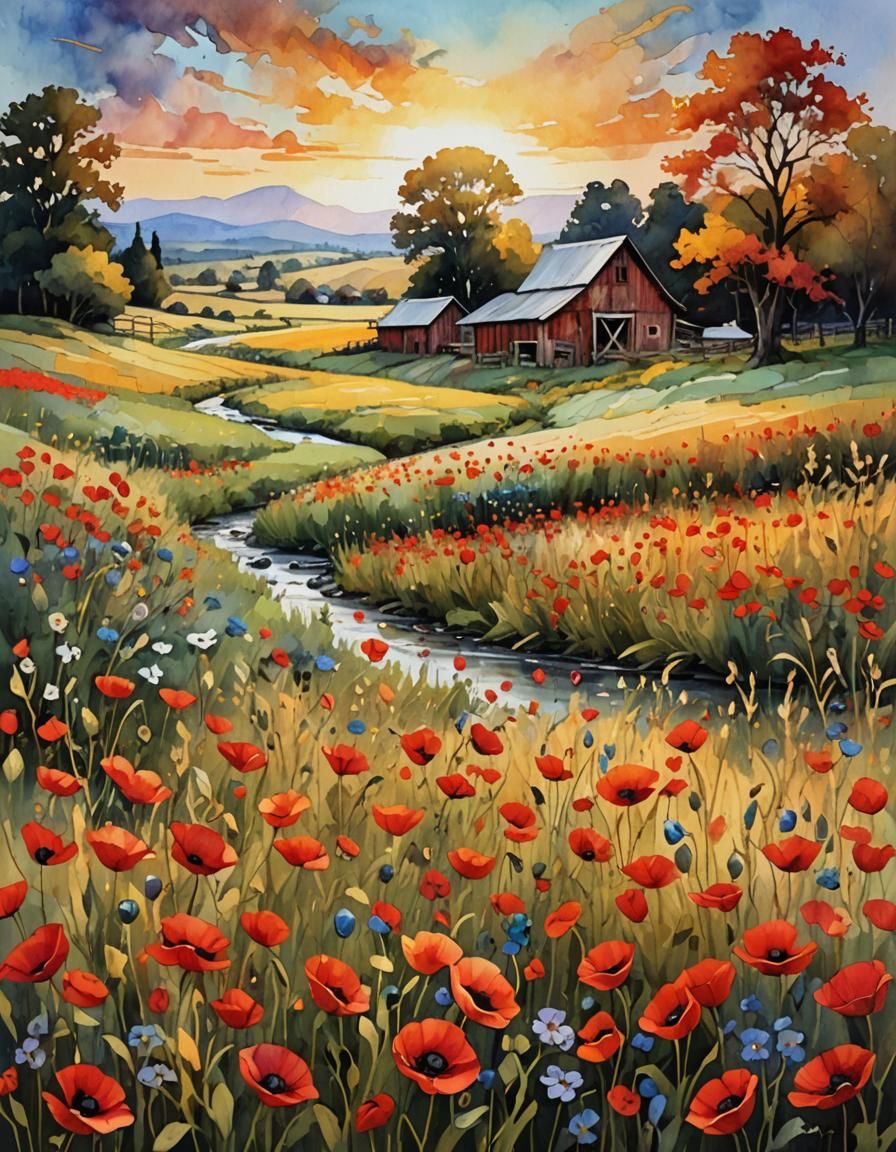 Impasto Farm Scene with Red Poppies